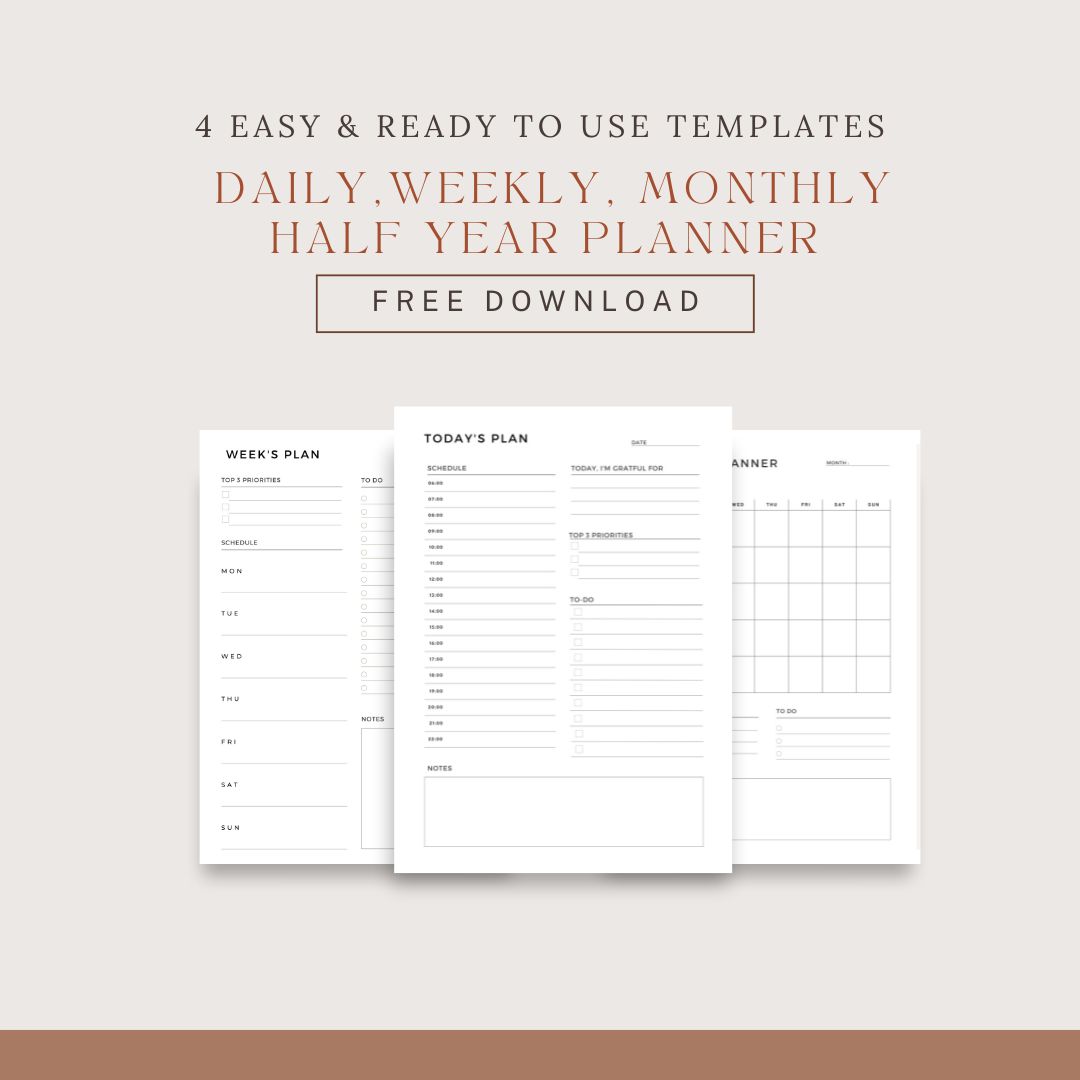 Free Minimalist Planner Printables :Daily, Weekly, Monthly & Half-Year Planners