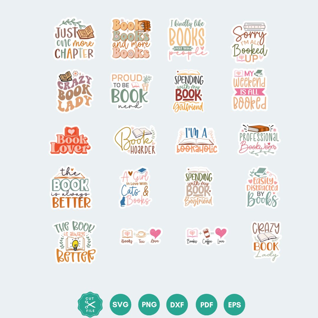 Free Book Lover Sticker SVG Bundle: 20 Printable Stickers