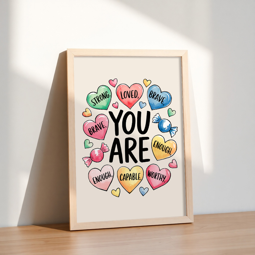 Free Download: “You Are Enough” Affirmation Candy Hearts Wall Art Printable